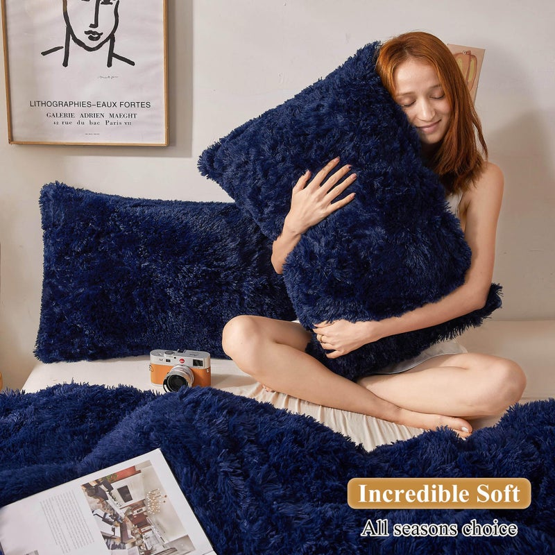 XeGe Faux Fur Throw Pillow Cases, Plush Shaggy Ultra Soft Pillow Covers, Fluffy Crystal Velvet Decorative Pillowcases, Furry Fuzzy Pillow Shams Zipper Closure, Set of 2(Standard, Navy Blue) - Image 5